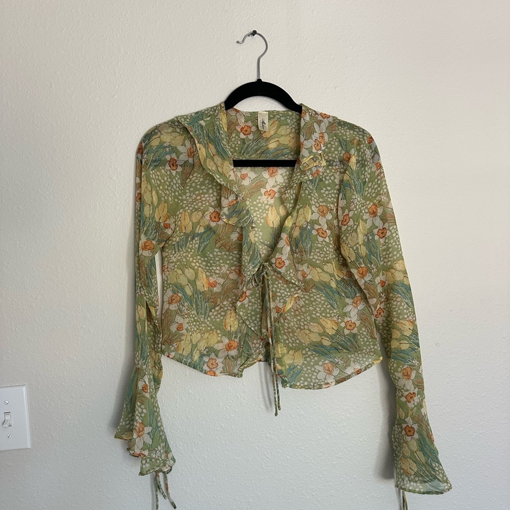 Mahina Floral Sheer Blouse with Tie Front